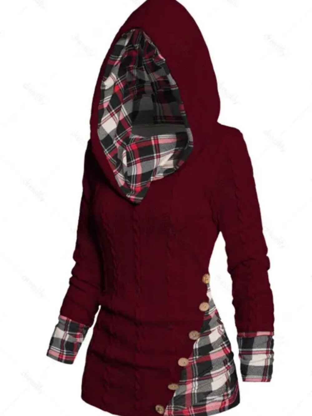 Twisted Cable Knit Plaid Hooded Shawl Neck Sweater